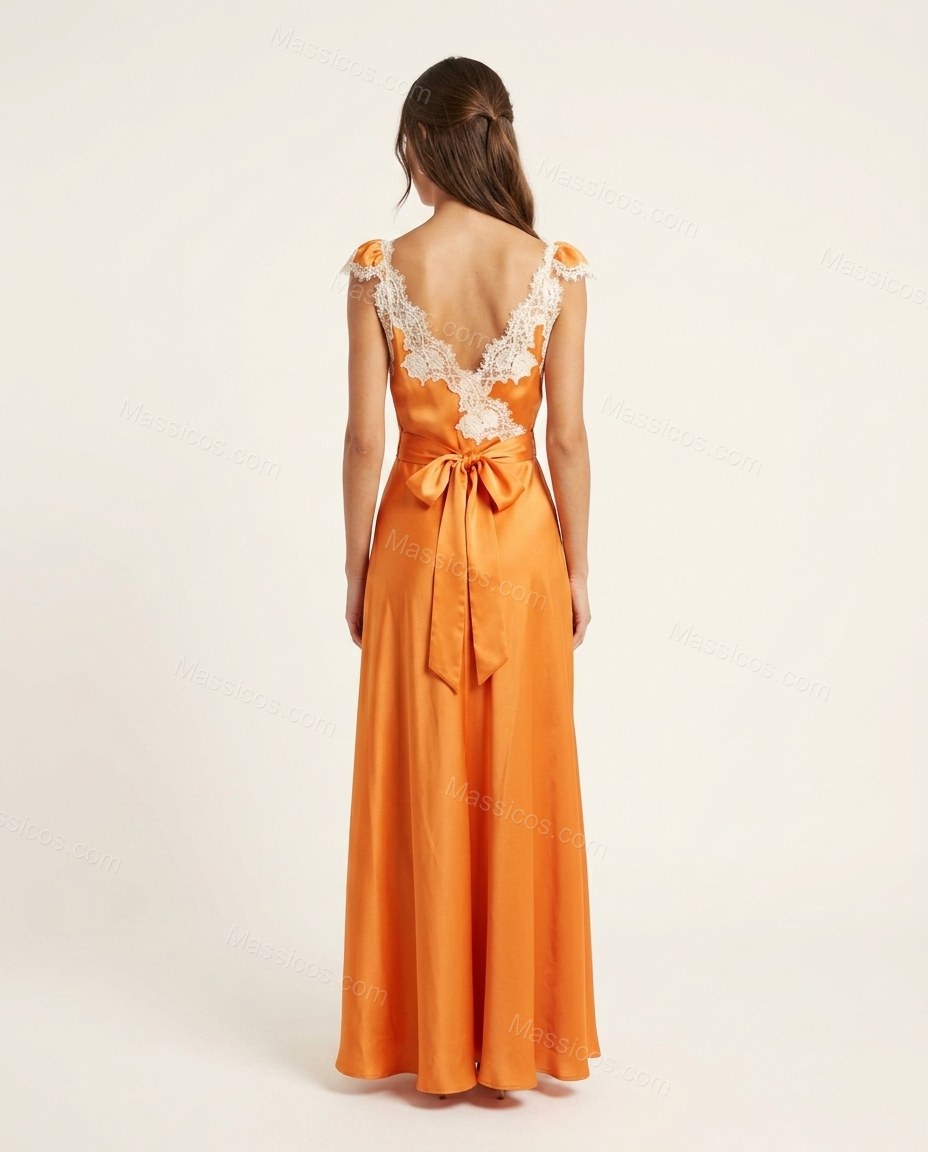 Orange Floral Maxi Satin Dress, back studio view showing open back with a tie closure, by Massicos