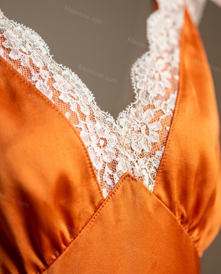 Orange Floral Maxi Satin Dress, close-up of floral, by Massicos