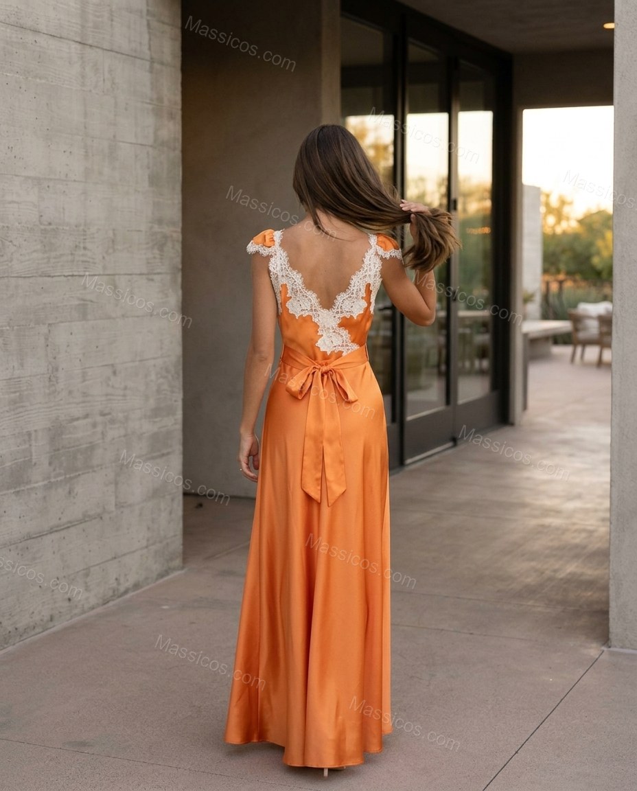 Orange Floral Maxi Satin Dress, movement and fit lifestyle view, by Massicos