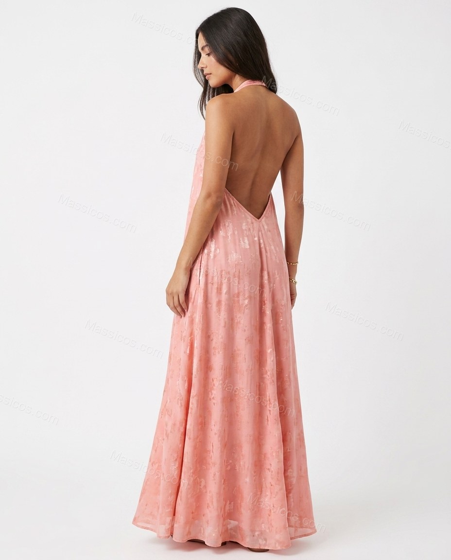 Pink Abstract Maxi Open-Back Dress, back studio view showing open back with no visible details, by Massicos