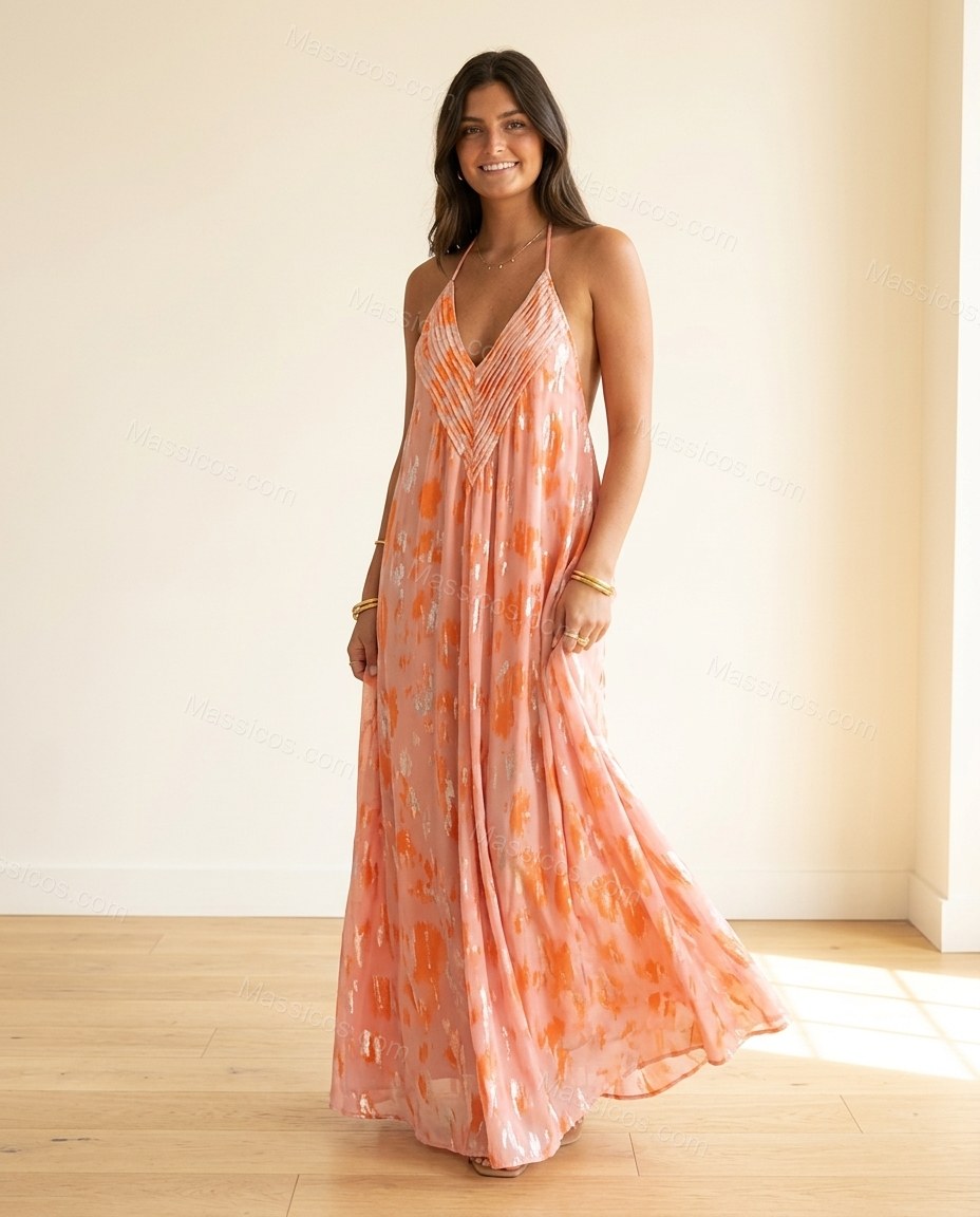 Pink Abstract Maxi Open-Back Dress, full-length hero view, by Massicos