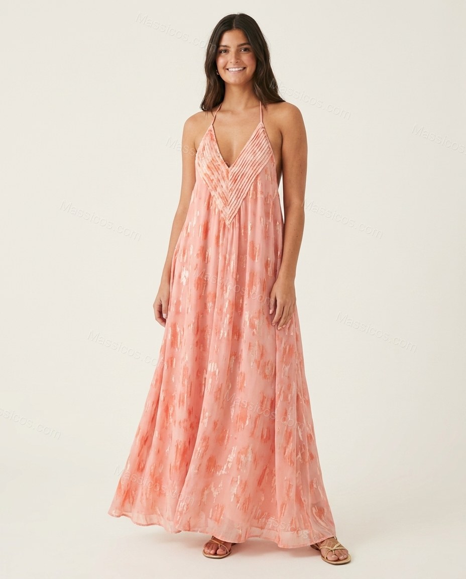 Pink Abstract Maxi Open-Back Dress, front studio view, by Massicos