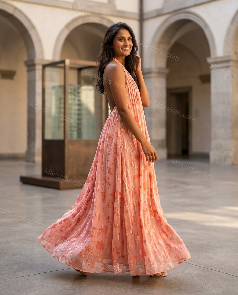 Pink Abstract Maxi Open-Back Dress, walking lifestyle view, by Massicos