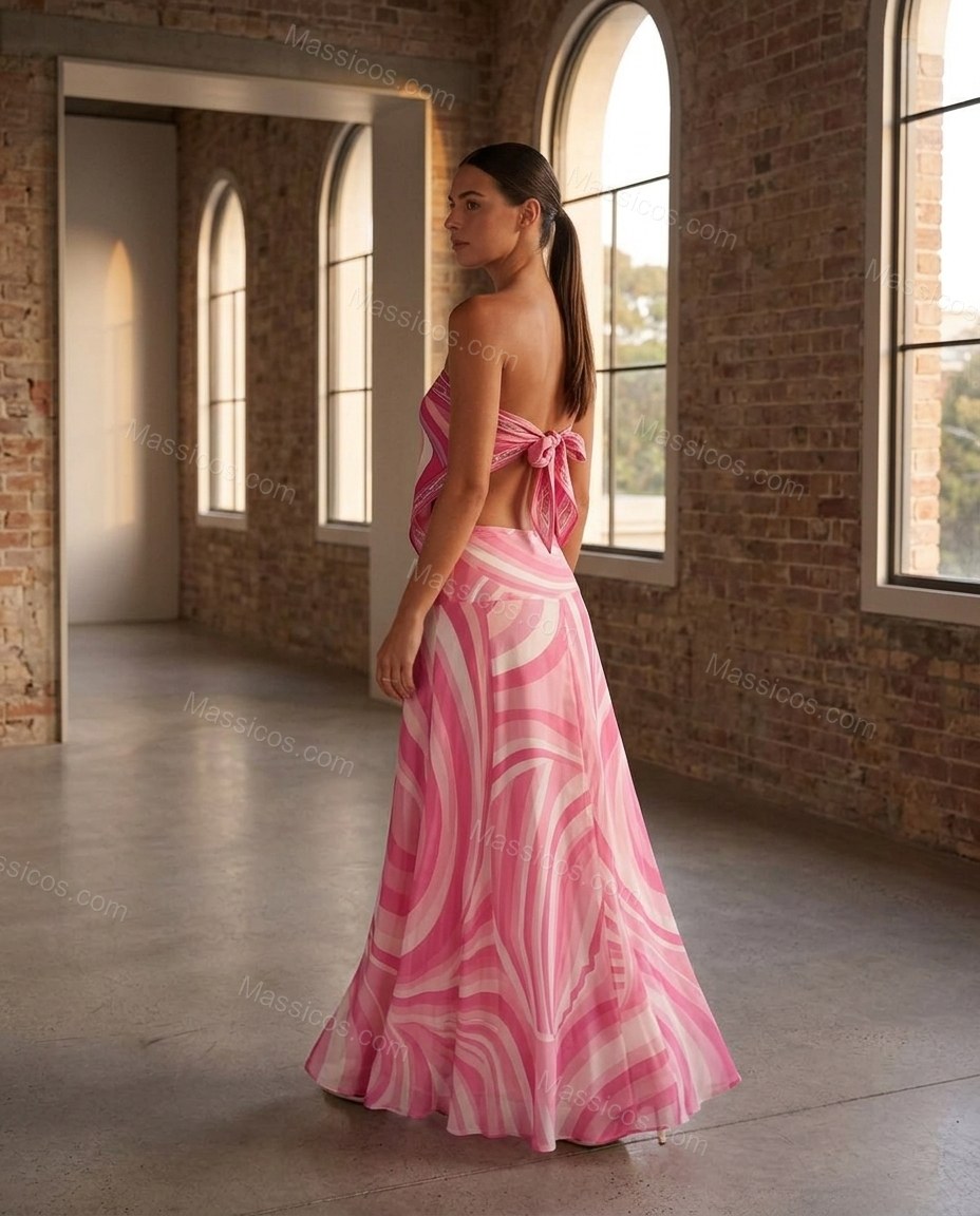 Pink Abstract Maxi Open-Back Top & Skirt Set, alternate use-case lifestyle view, by Massicos