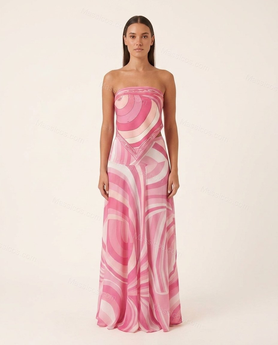 Pink Abstract Maxi Open-Back Top & Skirt Set, front studio view, by Massicos