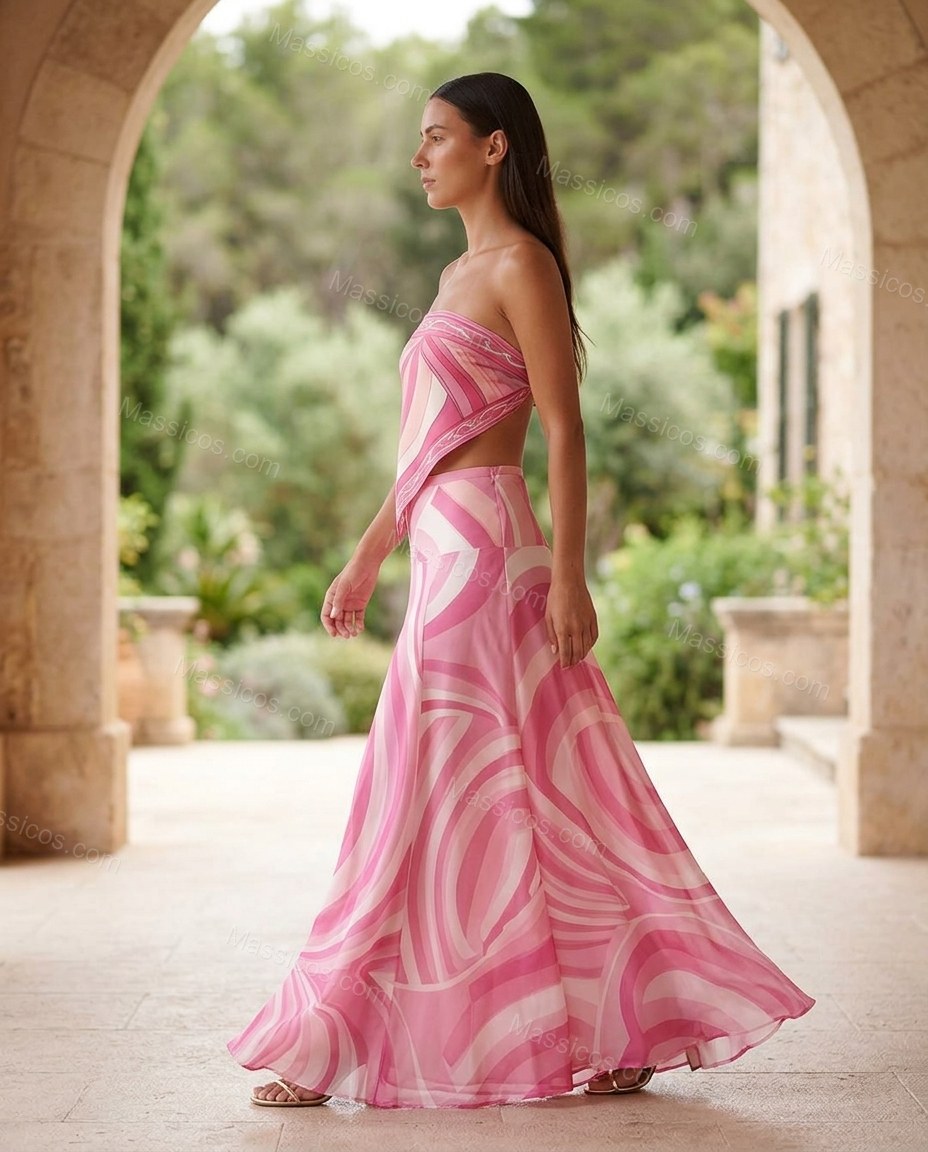 Pink Abstract Maxi Open-Back Top & Skirt Set, walking lifestyle view, by Massicos
