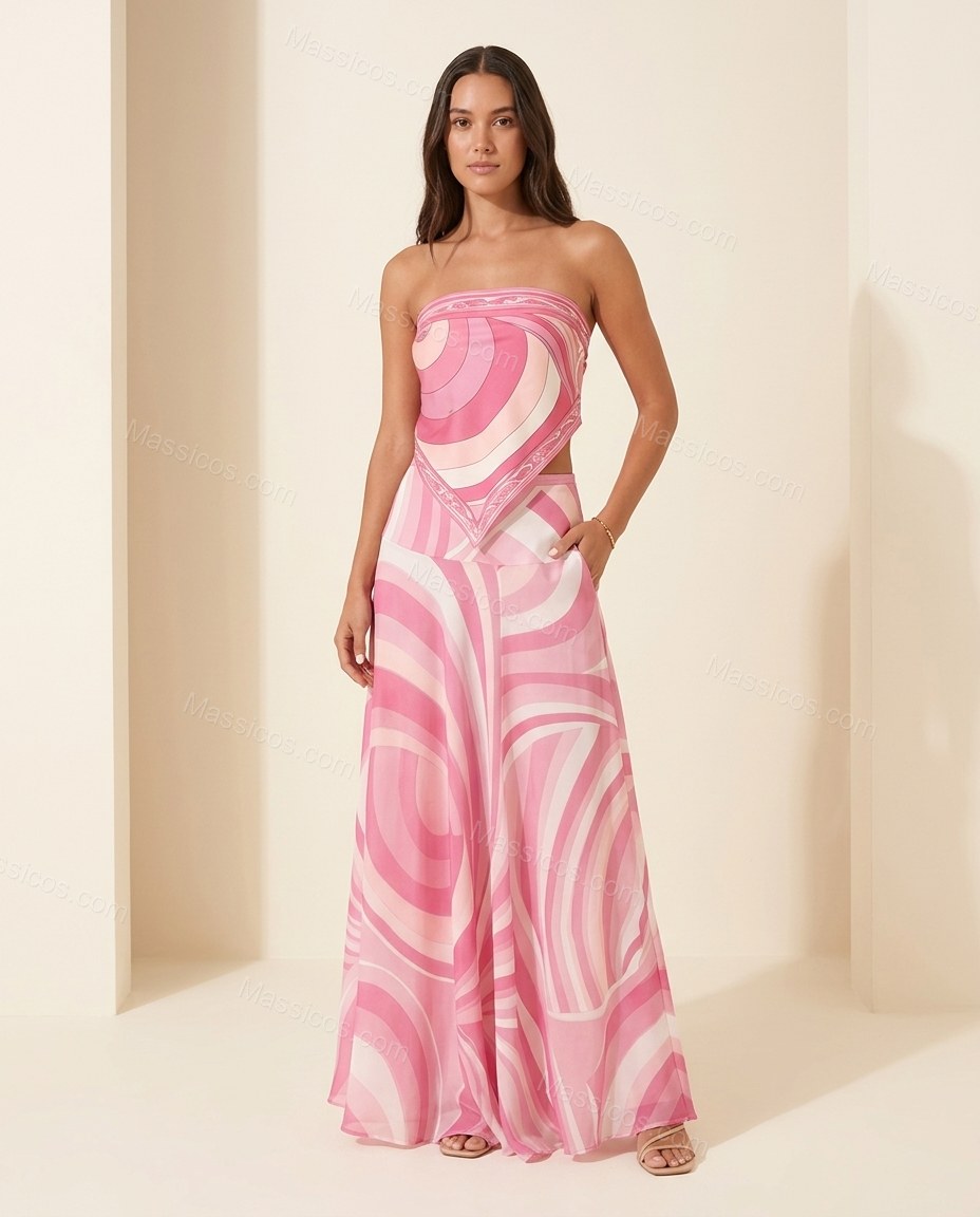 Pink Abstract Maxi Open-Back Top & Skirt Set, full-length hero view, by Massicos
