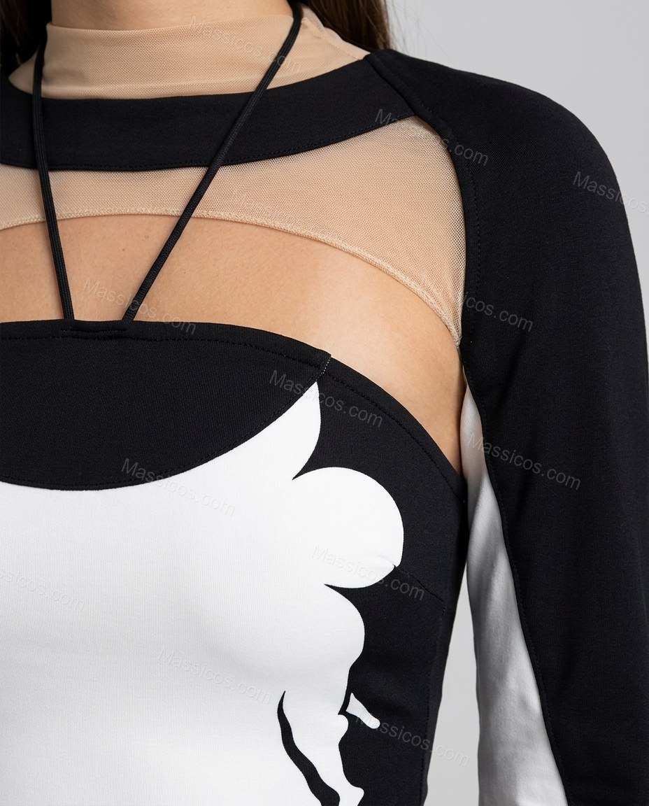 White Mini Knit Dress, close-up of black and beige accents, sheer neckline and cut-out shoulders, by Massicos
