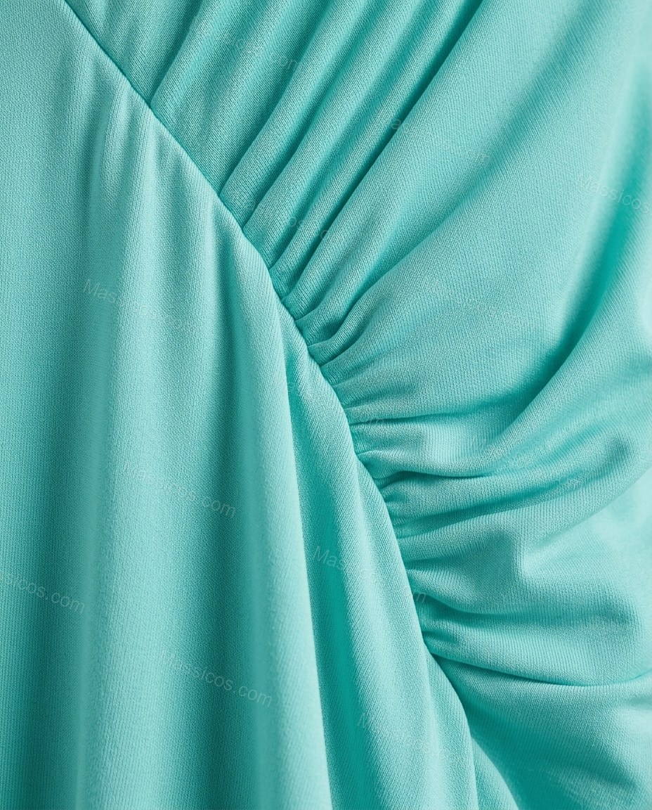 Aqua Halter Ruffled Knit Dress, close-up of ruching, ruffles and back zipper, by Massicos