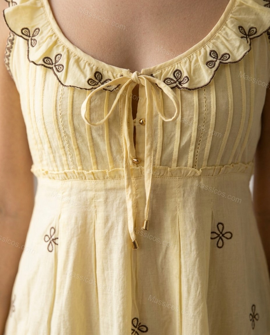Pale Butter Yellow Floral Mini Embroidered Dress, close-up of floral embroidery, by Massicos