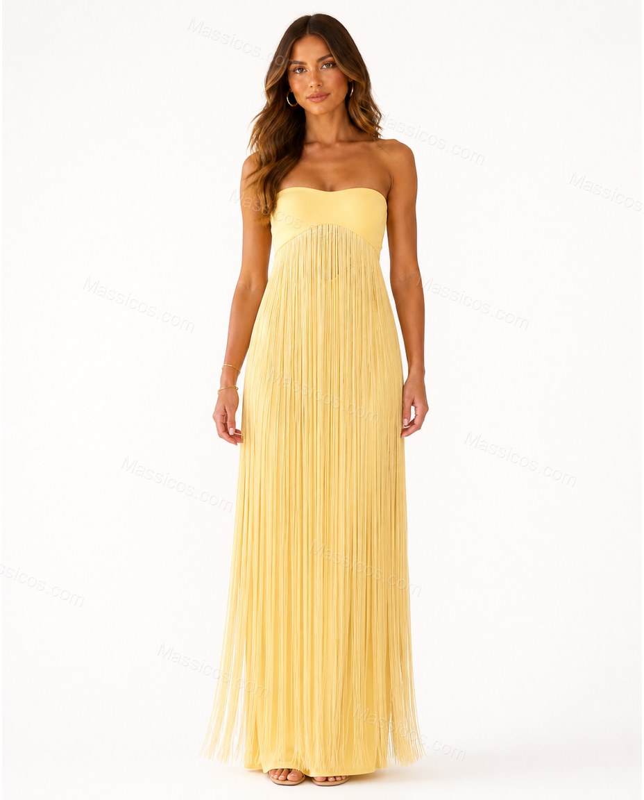 Yellow Maxi Fringe Knit Dress, front studio view, by Massicos
