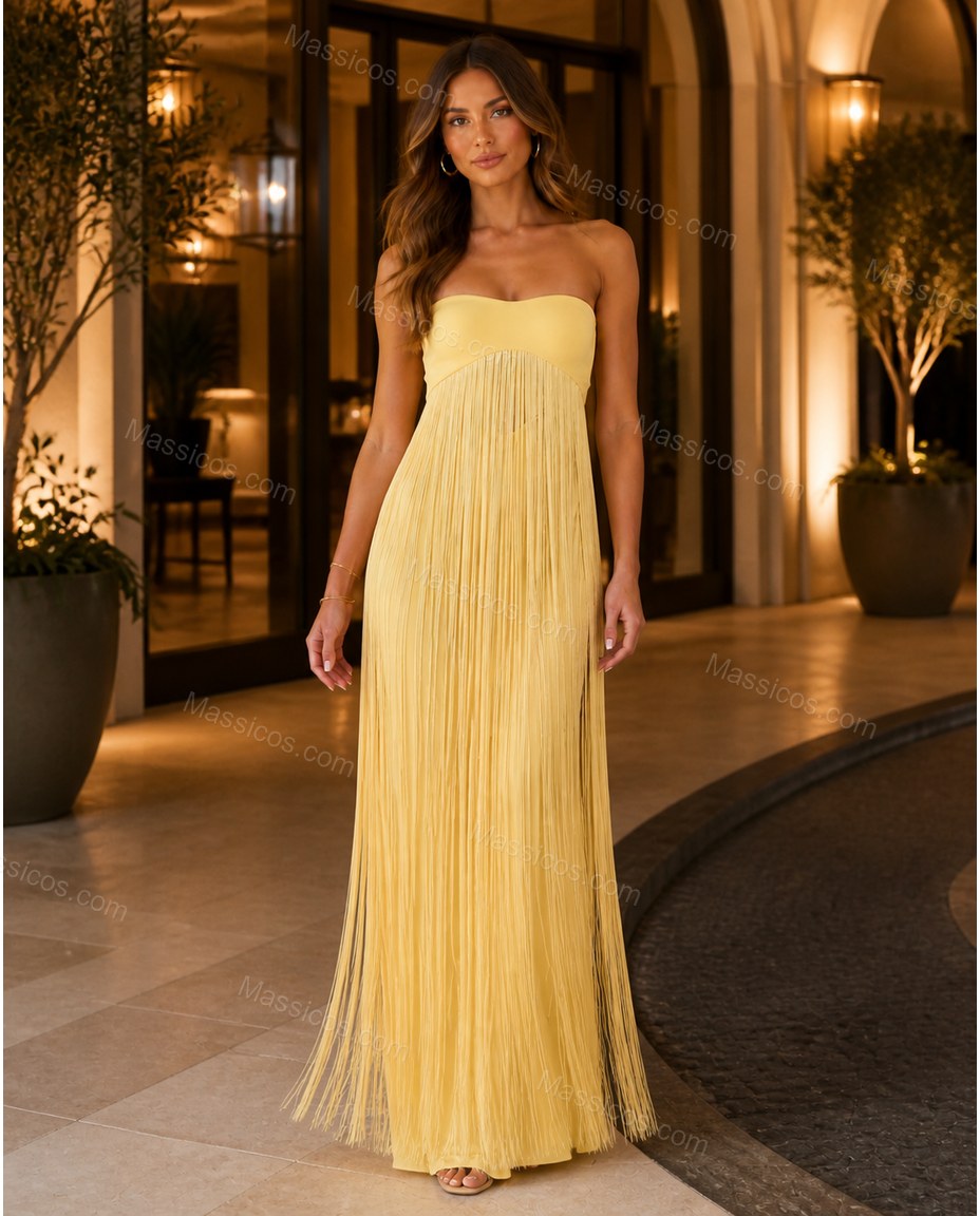 Yellow Maxi Fringe Knit Dress, three-quarter brand lifestyle view, by Massicos