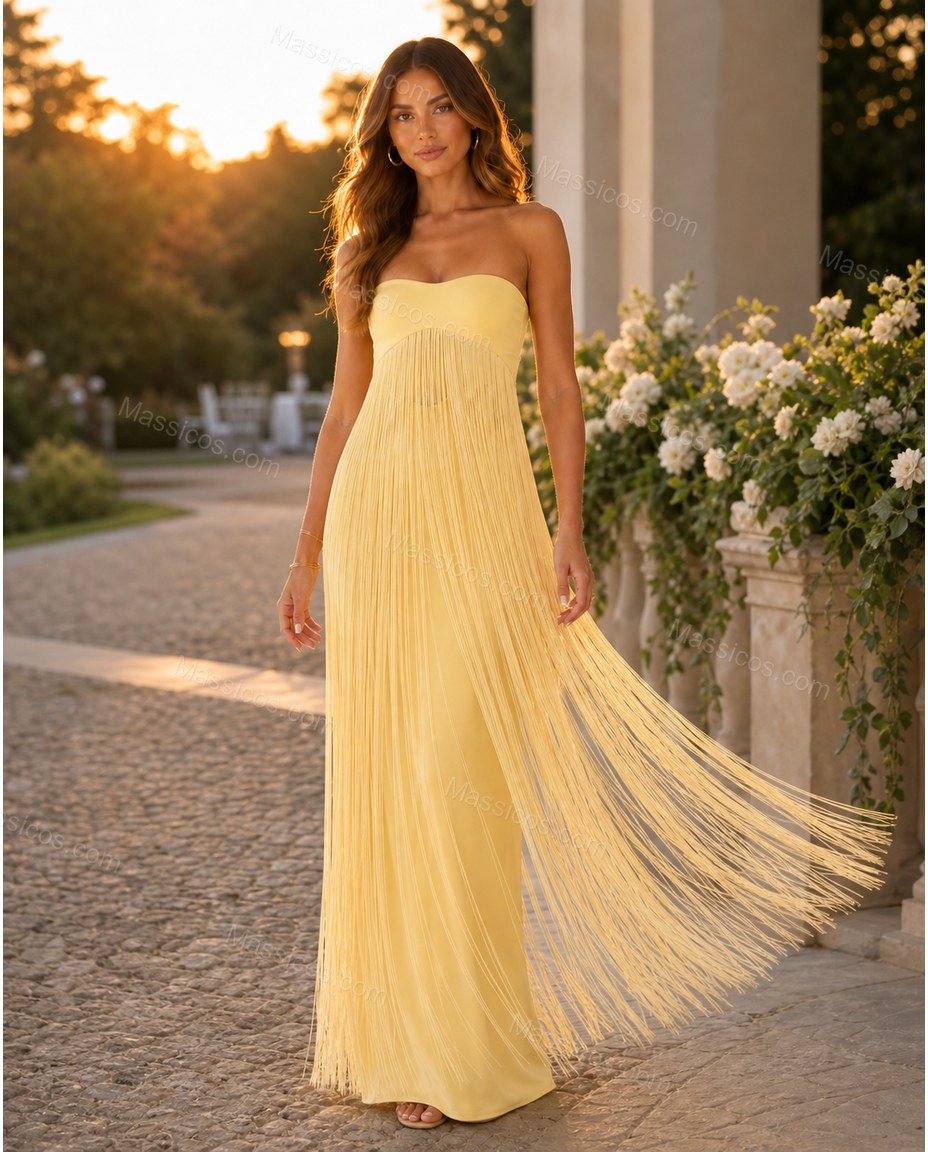 Yellow Maxi Fringe Knit Dress, alternate use-case lifestyle view, by Massicos