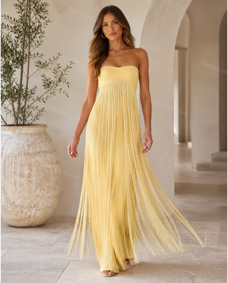 Yellow Maxi Fringe Knit Dress, full-length hero view, by Massicos