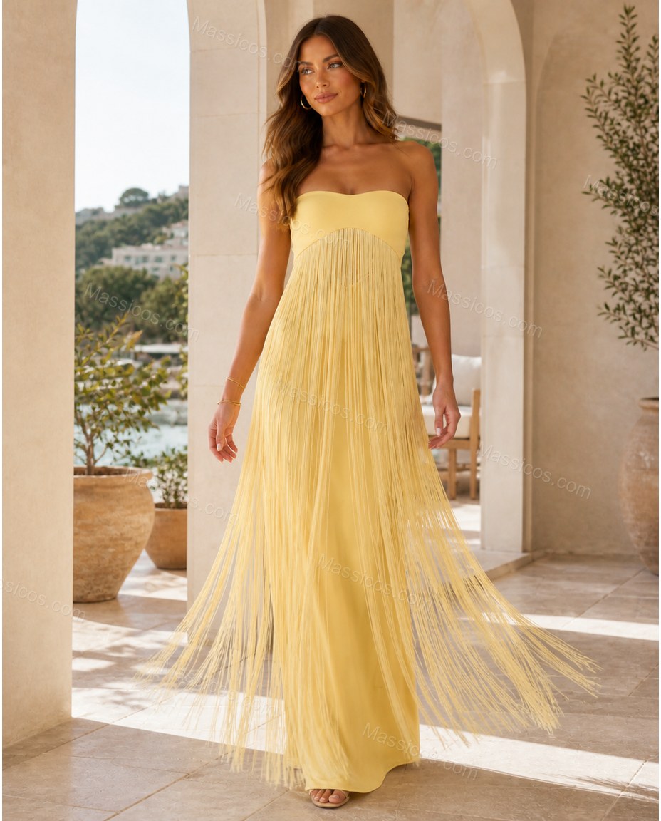 Yellow Maxi Fringe Knit Dress, walking lifestyle view, by Massicos