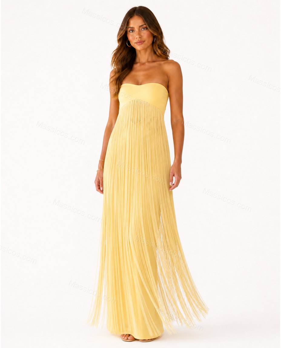 Yellow Maxi Fringe Knit Dress, side and back studio view, by Massicos