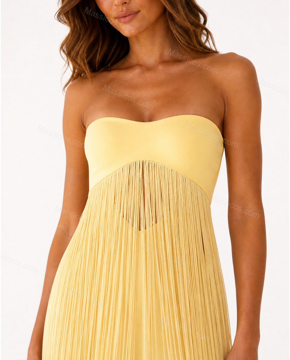 Yellow Maxi Fringe Knit Dress, close-up of fringe, straight silhouette and sleeveless, by Massicos