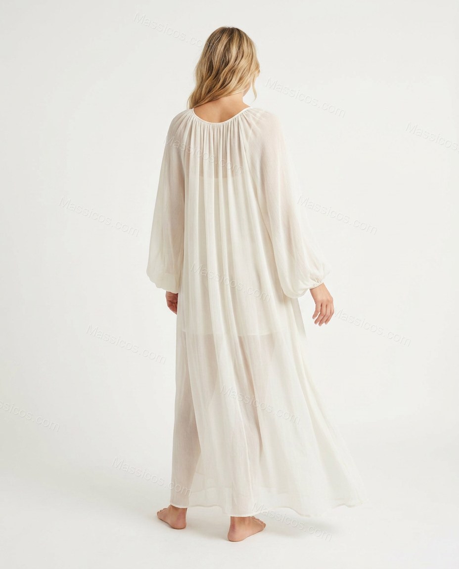 Off-white Maxi Embroidered Ruffled Dress, back studio view showing gathered round neckline at the back, flowing loosely down, by Massicos