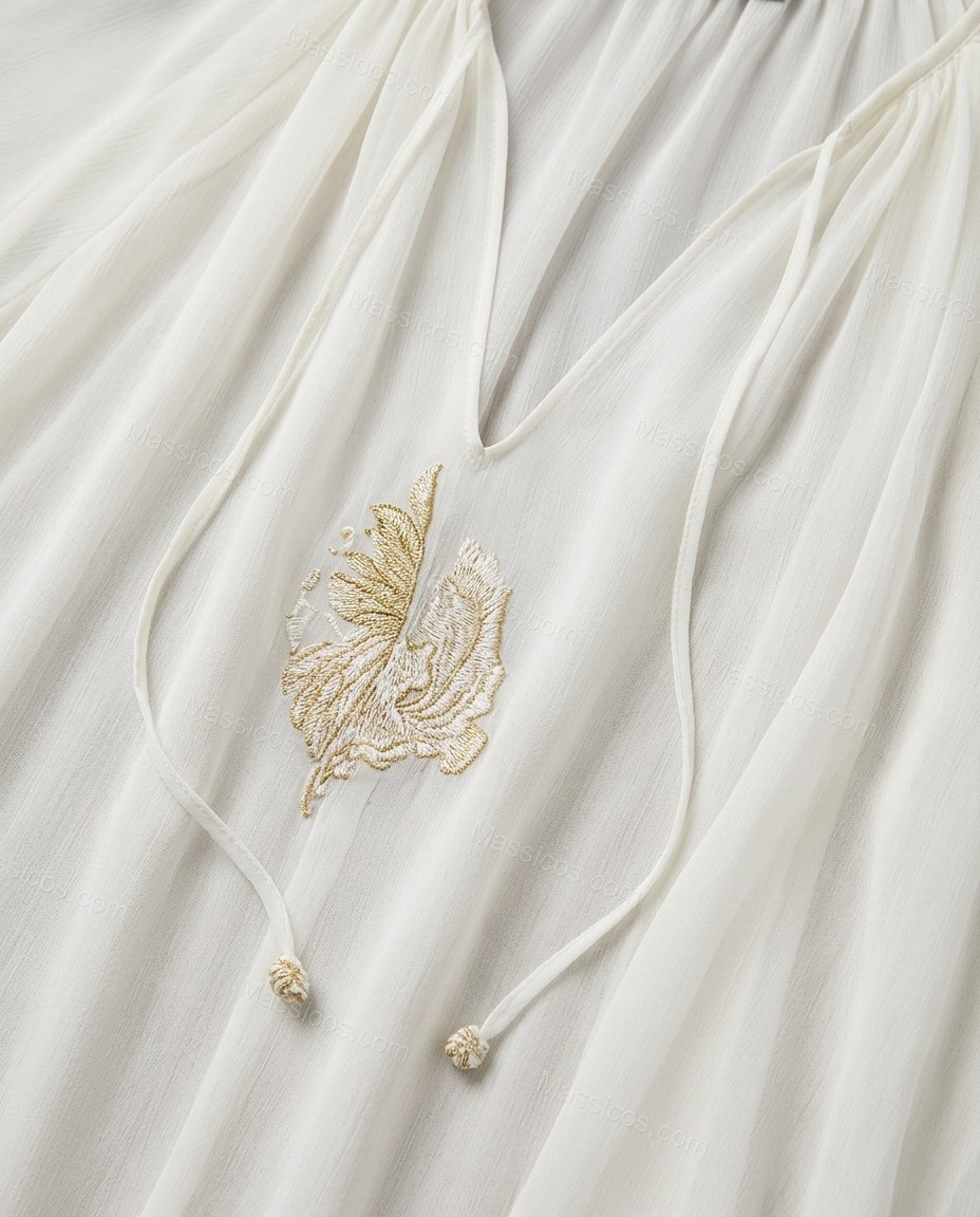 Off-white Maxi Embroidered Ruffled Dress, close-up of neckline ties, gathered neckline and embroidered front detail, by Massicos