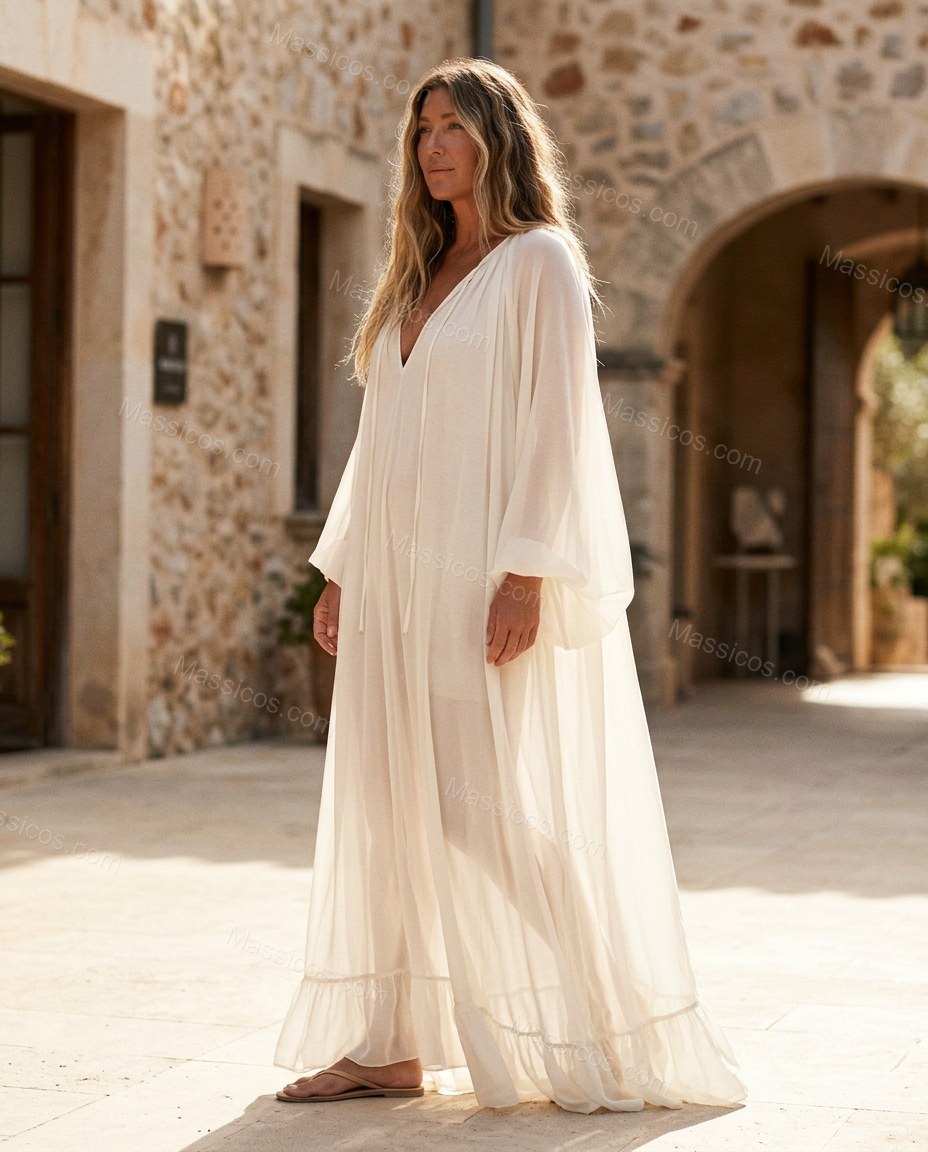 Off-white Maxi Embroidered Ruffled Dress, alternate use-case lifestyle view, by Massicos