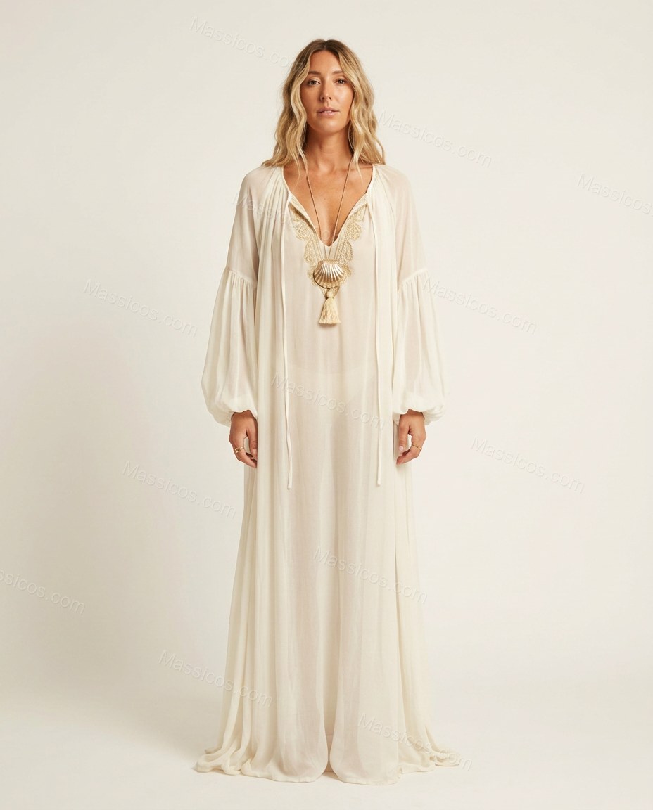 Off-white Maxi Embroidered Ruffled Dress, front studio view, by Massicos