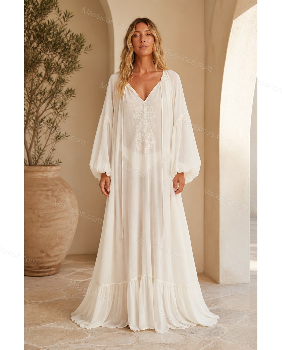 Off-white Maxi Embroidered Ruffled Dress, full-length hero view, by Massicos