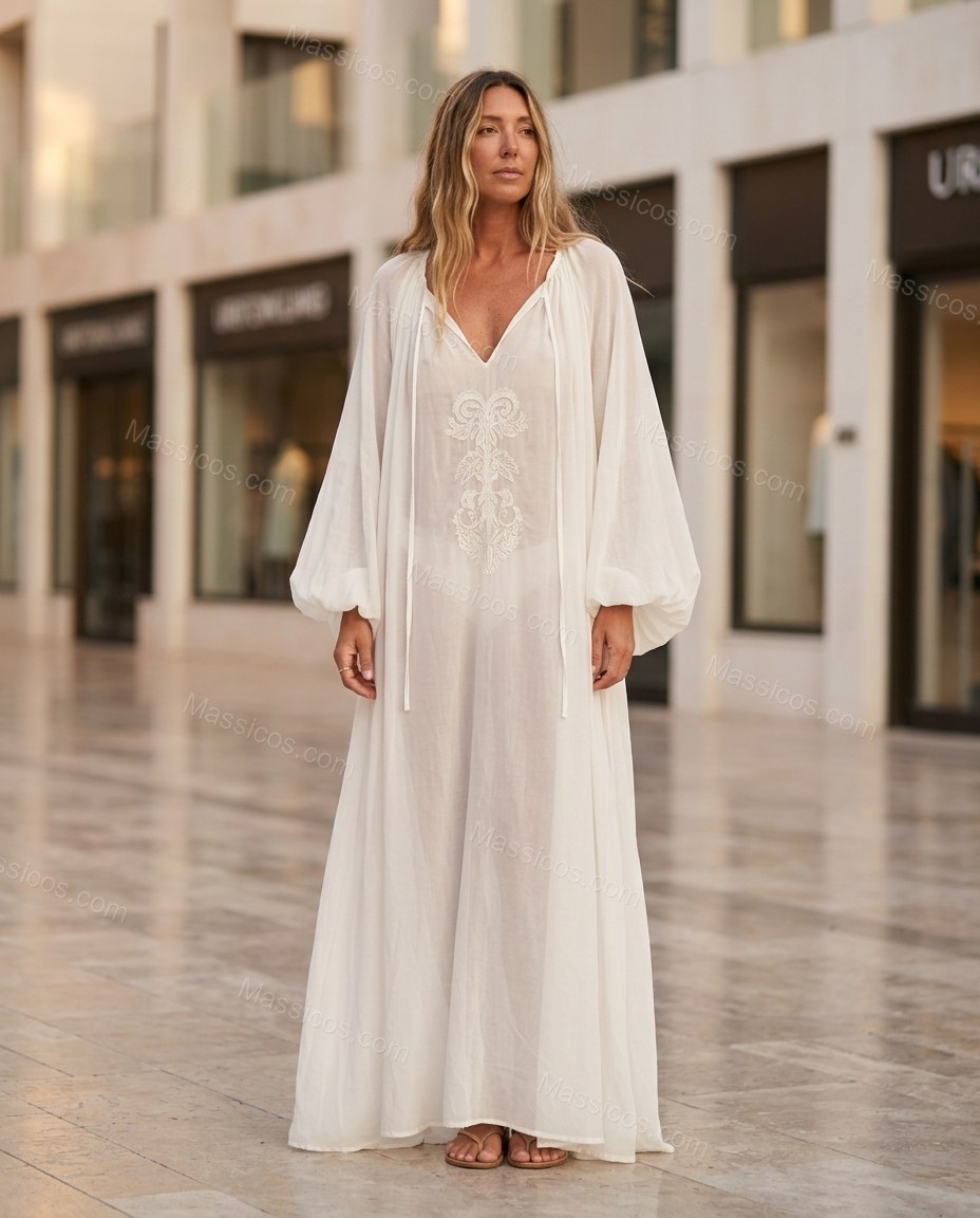 Off-white Maxi Embroidered Ruffled Dress, three-quarter brand lifestyle view, by Massicos
