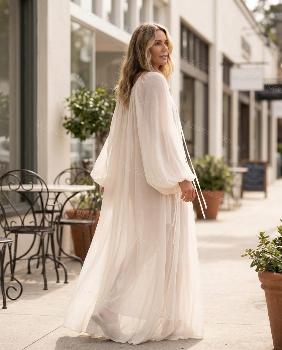 Off-white Maxi Embroidered Ruffled Dress, walking lifestyle view, by Massicos