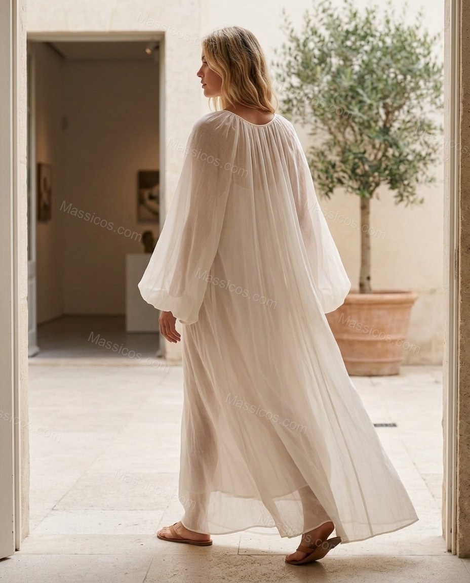 Off-white Maxi Embroidered Ruffled Dress, movement and fit lifestyle view, by Massicos