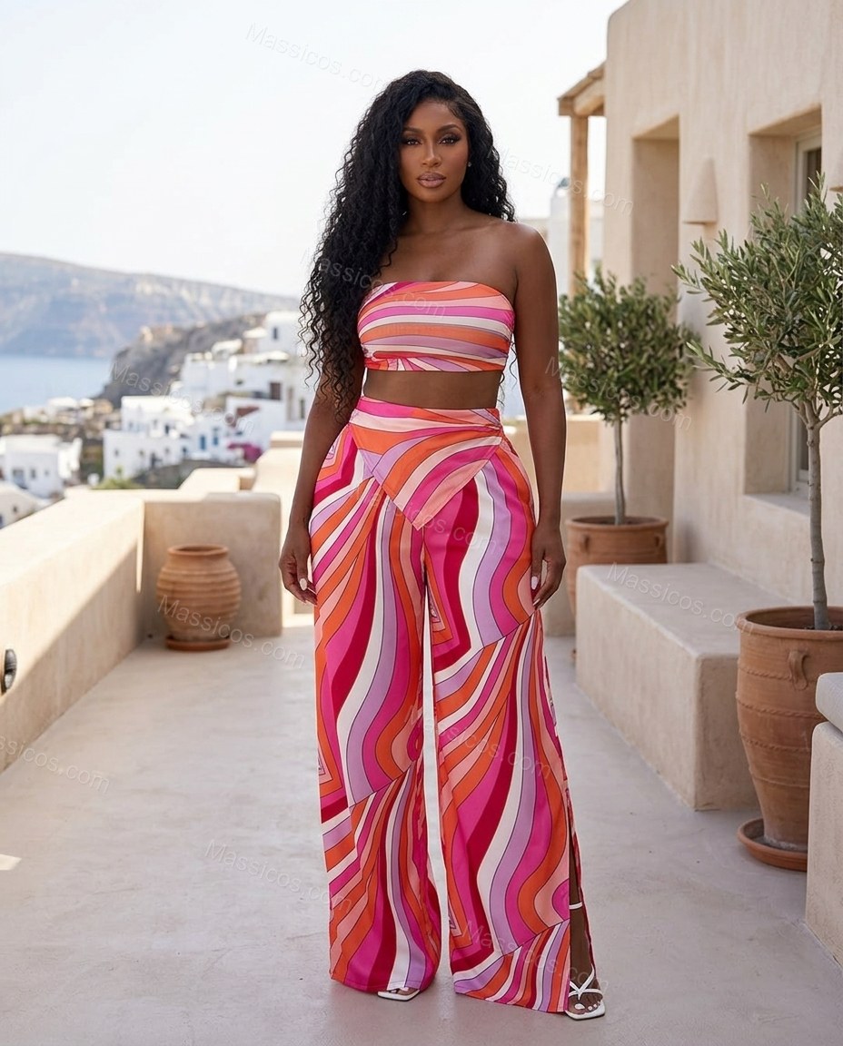 Pink Abstract Strapless Satin Top & Pants Set, three-quarter brand lifestyle view, by Massicos