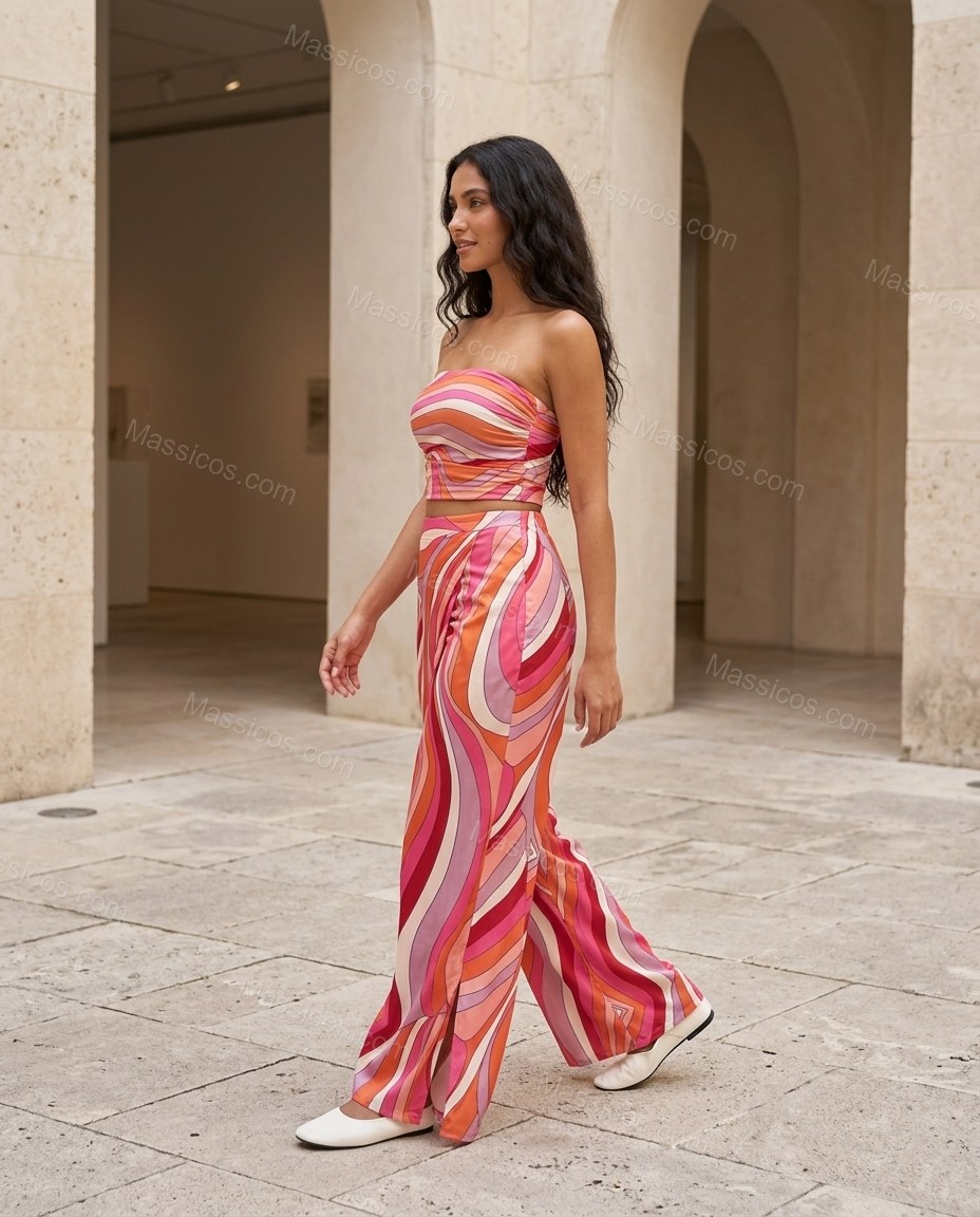 Pink Abstract Strapless Satin Top & Pants Set, walking lifestyle view, by Massicos