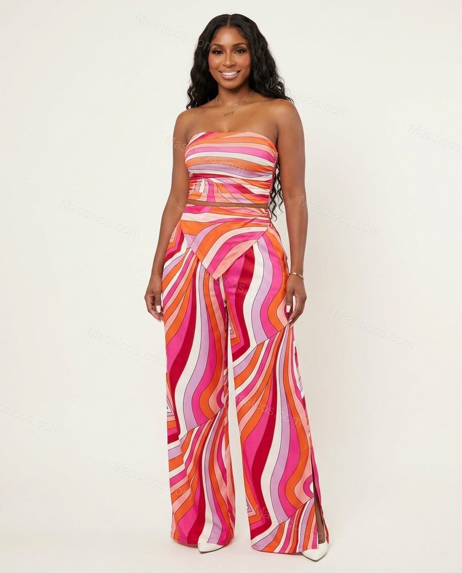 Pink Abstract Strapless Satin Top & Pants Set, front studio view, by Massicos