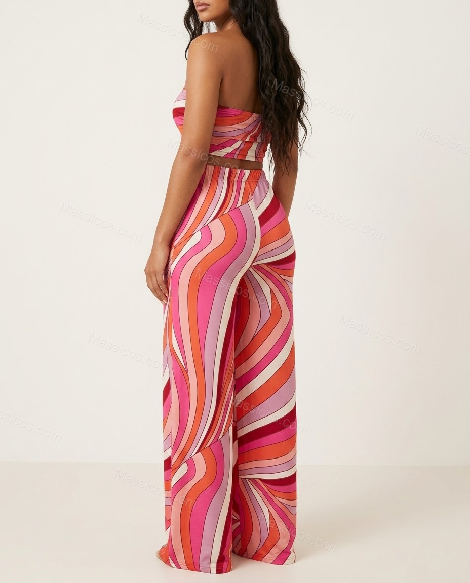Pink Abstract Strapless Satin Top & Pants Set, back studio view, by Massicos
