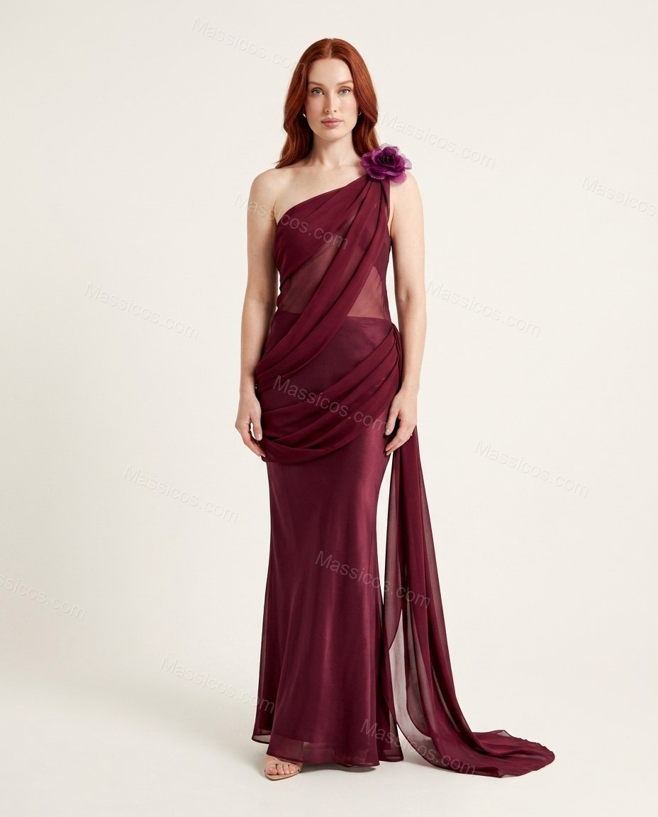 Burgundy Maxi Open-Back One-Shoulder Dress, front studio view, by Massicos