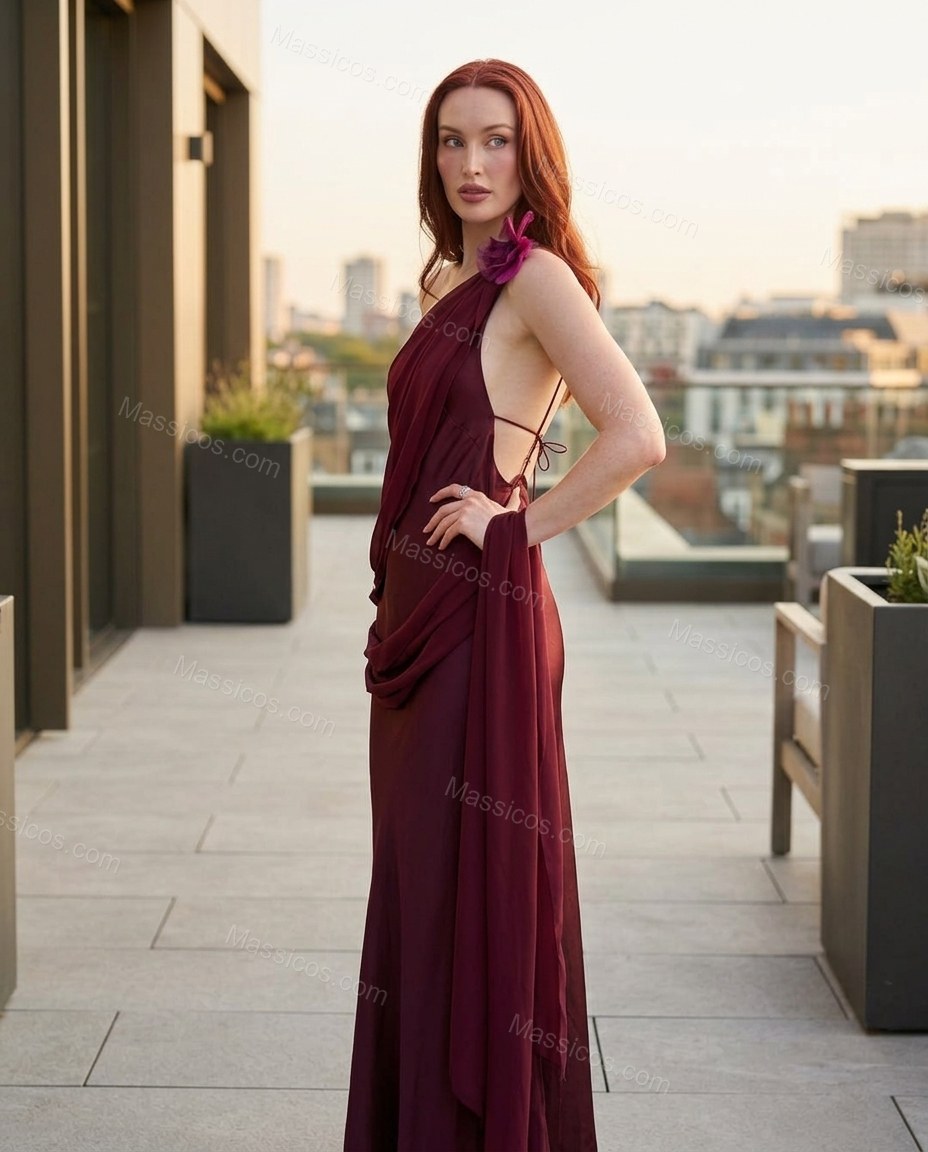 Burgundy Maxi Open-Back One-Shoulder Dress, three-quarter brand lifestyle view, by Massicos