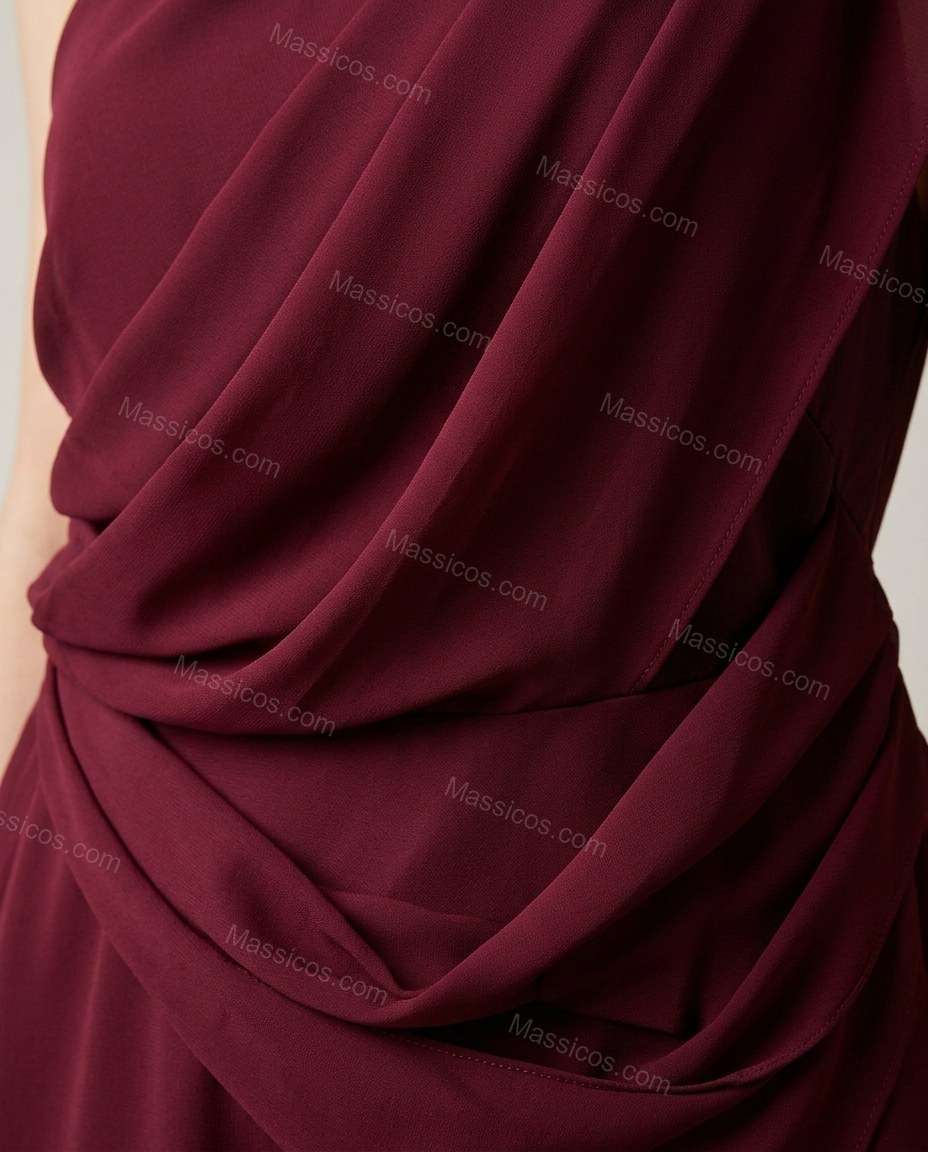 Burgundy Maxi Open-Back One-Shoulder Dress, close-up of draping, floral appliqué and open back, by Massicos