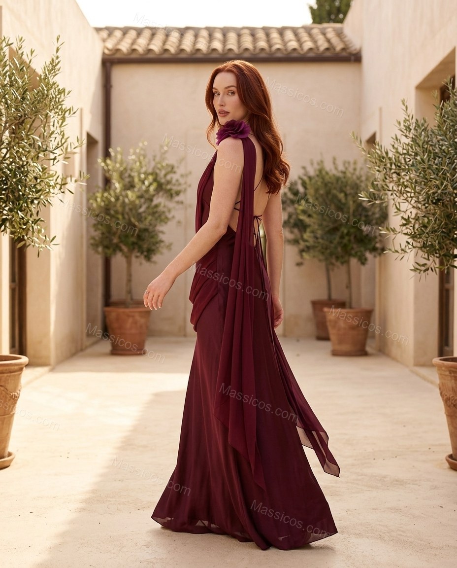 Burgundy Maxi Open-Back One-Shoulder Dress, movement and fit lifestyle view, by Massicos