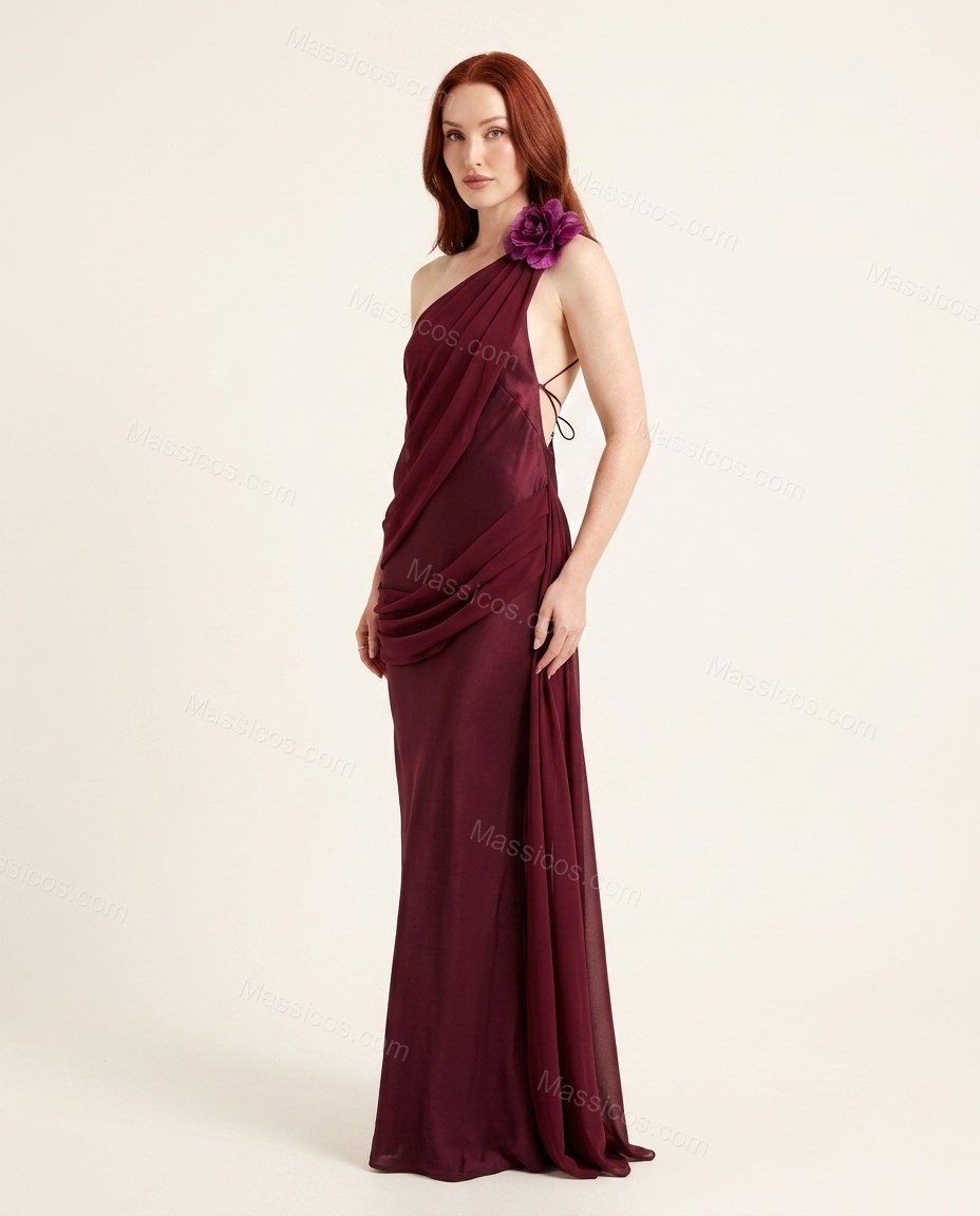 Burgundy Maxi Open-Back One-Shoulder Dress, side and back studio view, by Massicos