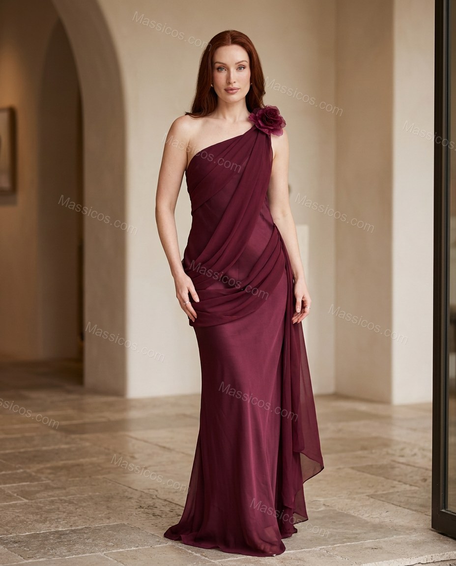 Burgundy Maxi Open-Back One-Shoulder Dress, full-length hero view, by Massicos