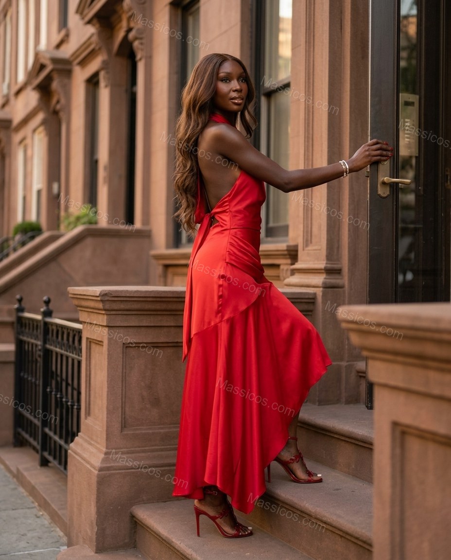Red Maxi Open-Back Halter Dress, alternate use-case lifestyle view, by Massicos