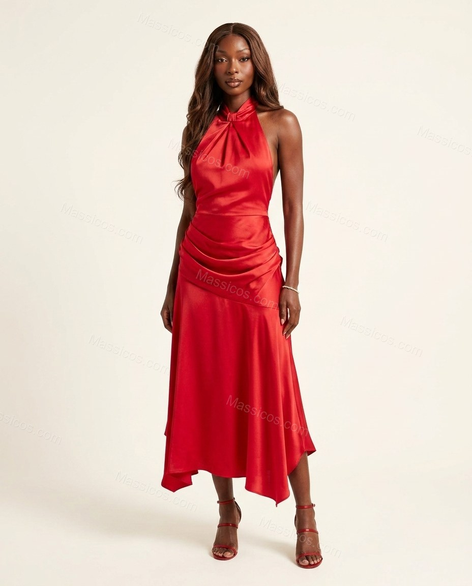 Red Maxi Open-Back Halter Dress, front studio view, by Massicos