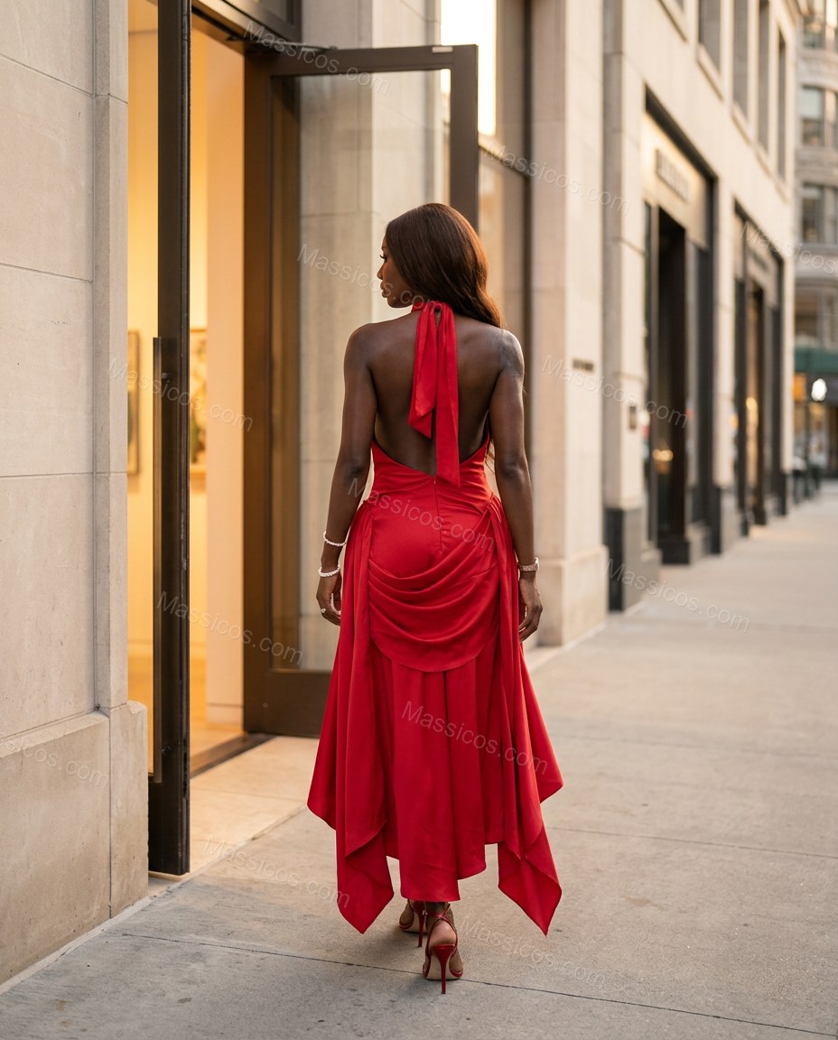 Red Maxi Open-Back Halter Dress, movement and fit lifestyle view, by Massicos
