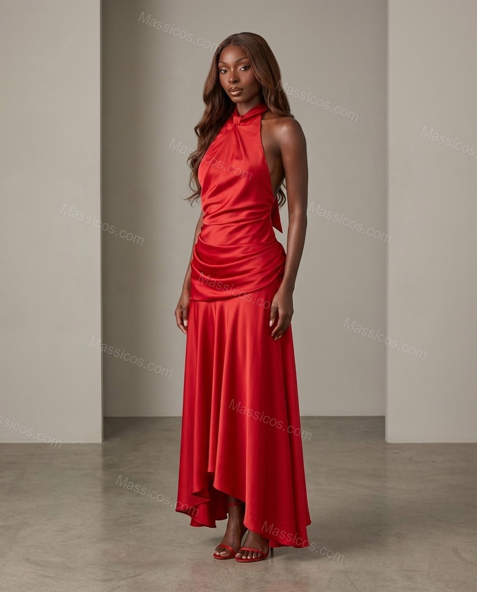 Red Maxi Open-Back Halter Dress, full-length hero view, by Massicos