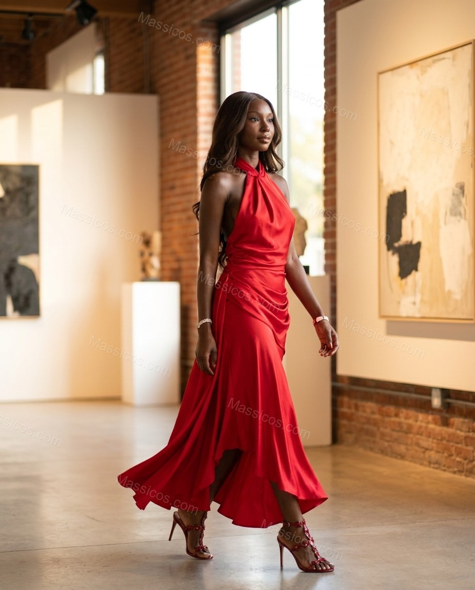 Red Maxi Open-Back Halter Dress, walking lifestyle view, by Massicos