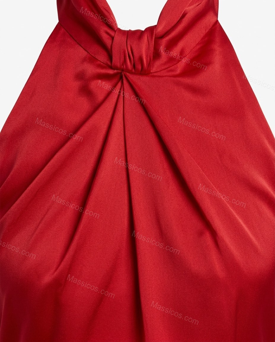 Red Maxi Open-Back Halter Dress, close-up of open back, draped detailing and asymmetrical hem, by Massicos