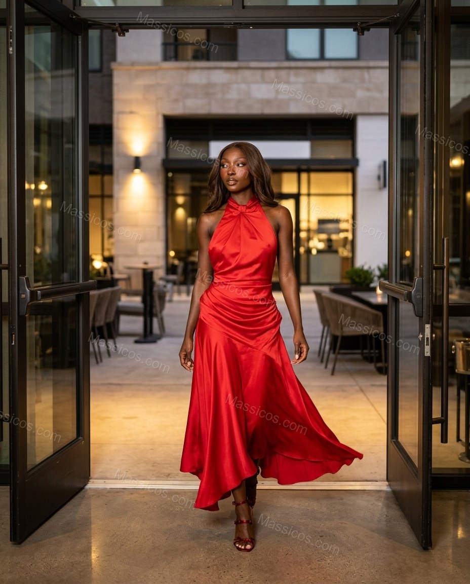 Red Maxi Open-Back Halter Dress, three-quarter brand lifestyle view, by Massicos