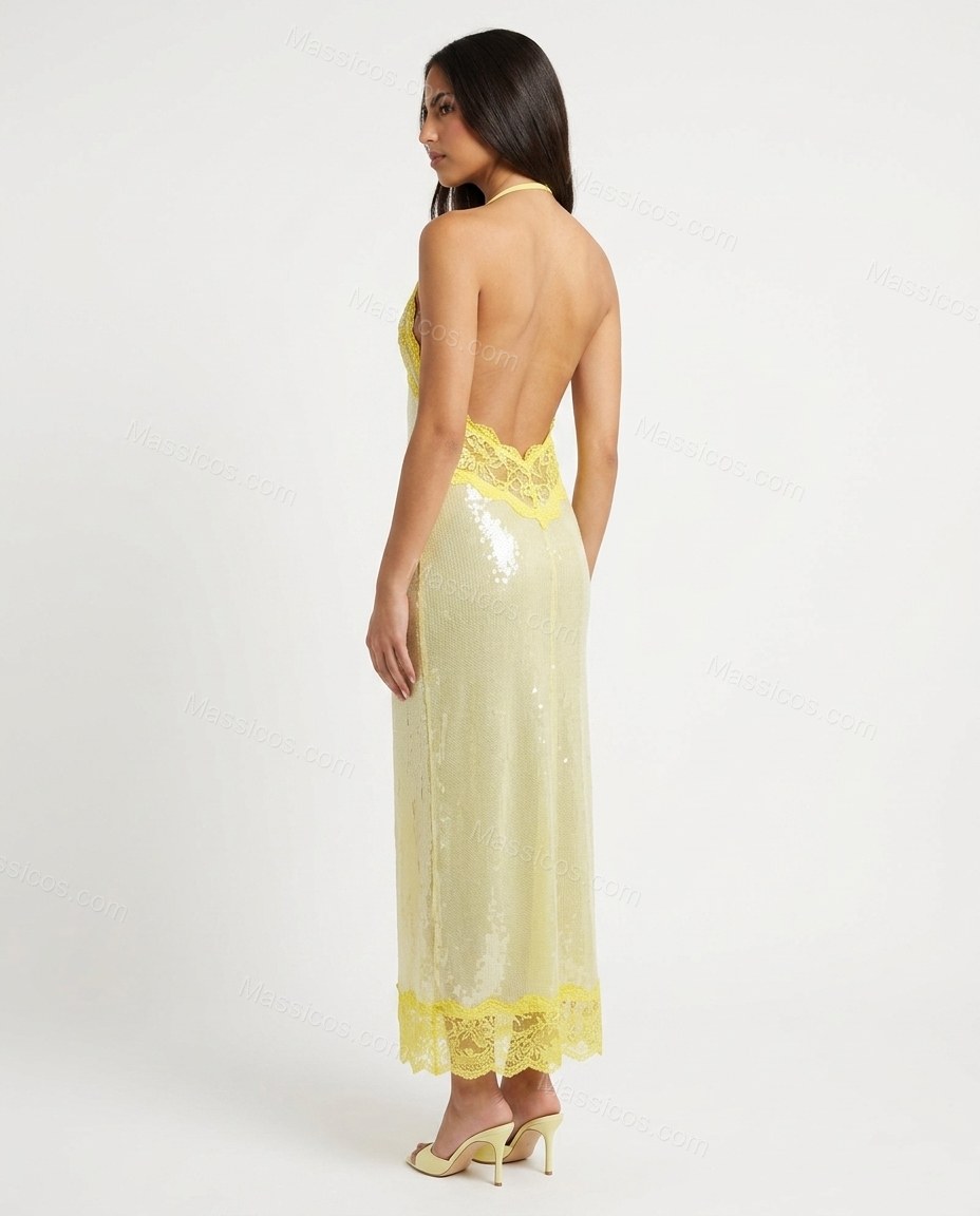 Pale Yellow Floral Maxi Halter Dress, back studio view showing low-cut back with halter straps, sequined fabric, by Massicos