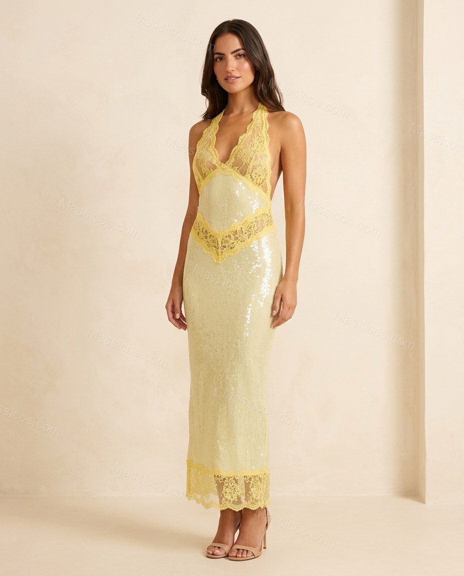 Pale Yellow Floral Maxi Halter Dress, full-length hero view, by Massicos