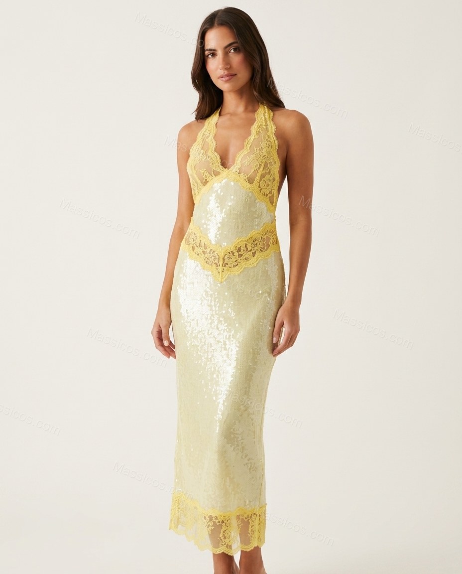 Pale Yellow Floral Maxi Halter Dress, front studio view, by Massicos