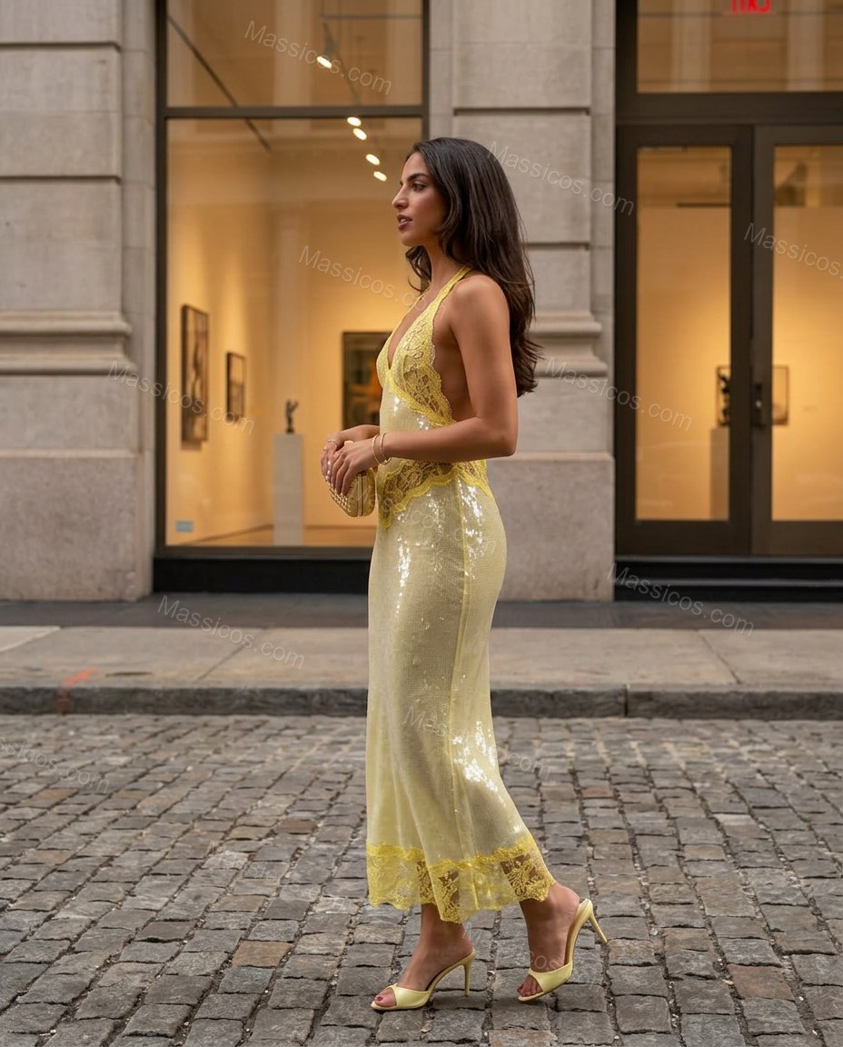 Pale Yellow Floral Maxi Halter Dress, walking lifestyle view, by Massicos
